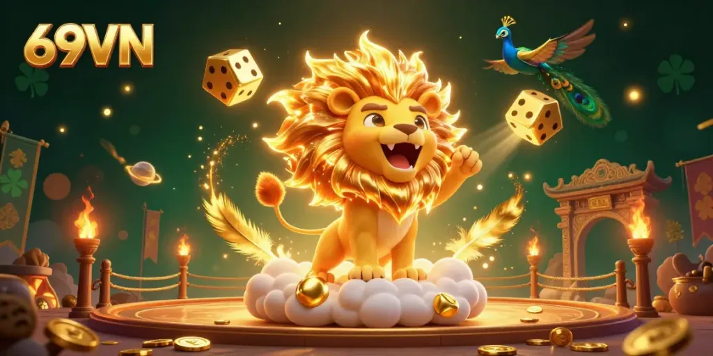Experience thrilling action with 69VN as the sun lion roars amid golden dice and casino elements.