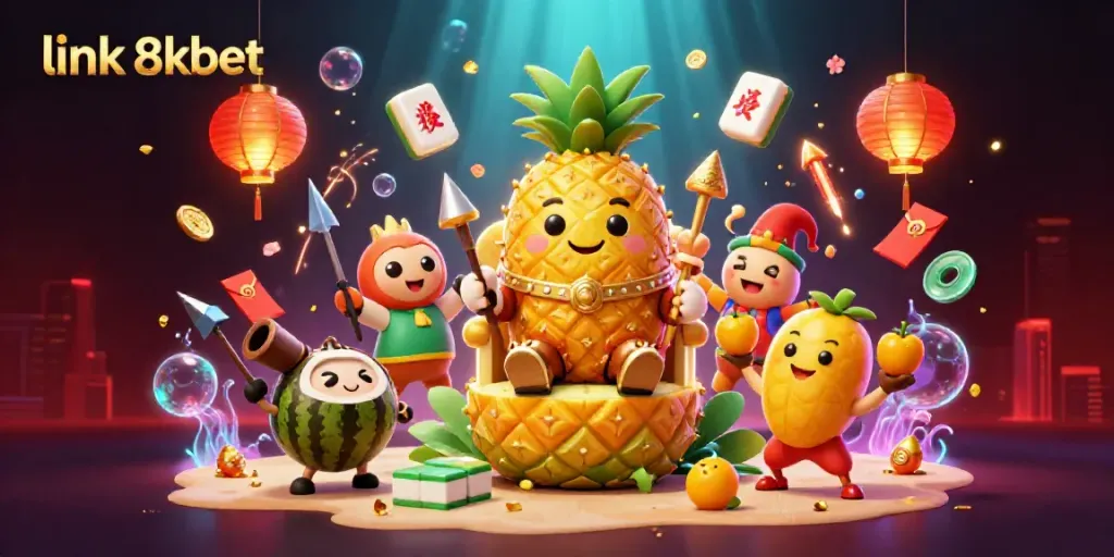 Experience the vibrant energy of online gaming with link 8kbet, showcasing a golden pineapple king in a dynamic beach casino scene.