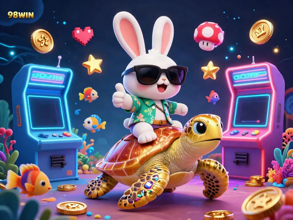 Experience the vibrant 98WIN gaming world with a lucky rabbit and golden sea turtle amidst bright casino elements.