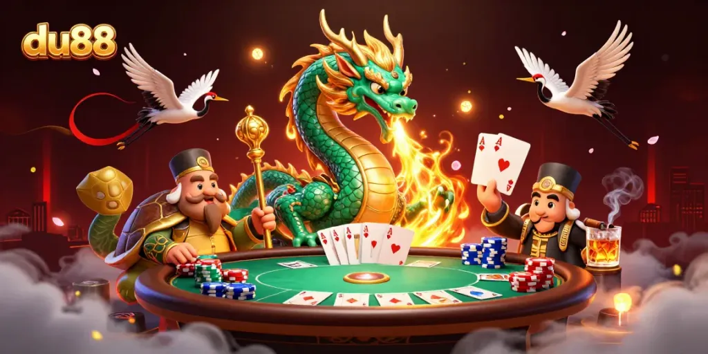 Experience the magical du88 realm with a jade dragon, turtle sage, and lucky cranes in a vibrant casino scene.