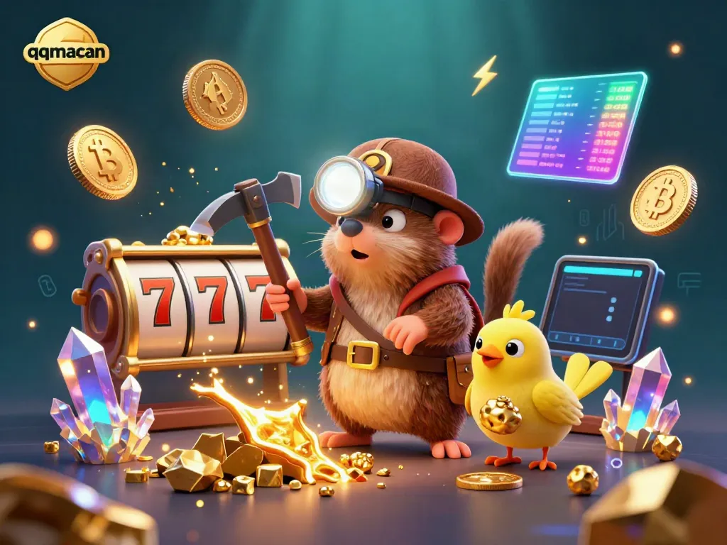 Play exciting slot games at qqmacan with a treasure hunter mole in a vibrant mining scene.