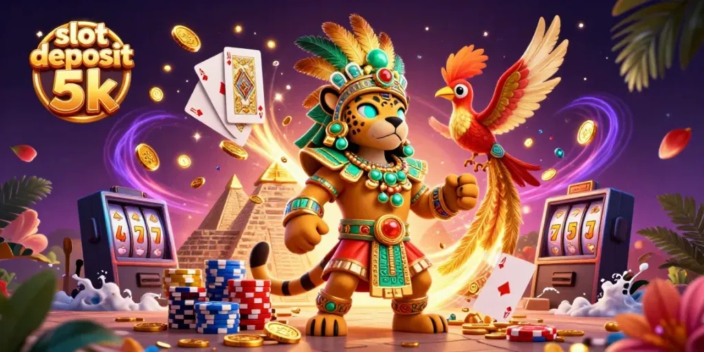 Win big with slot deposit 5k featuring vibrant 3D Mayan characters and dynamic casino elements.