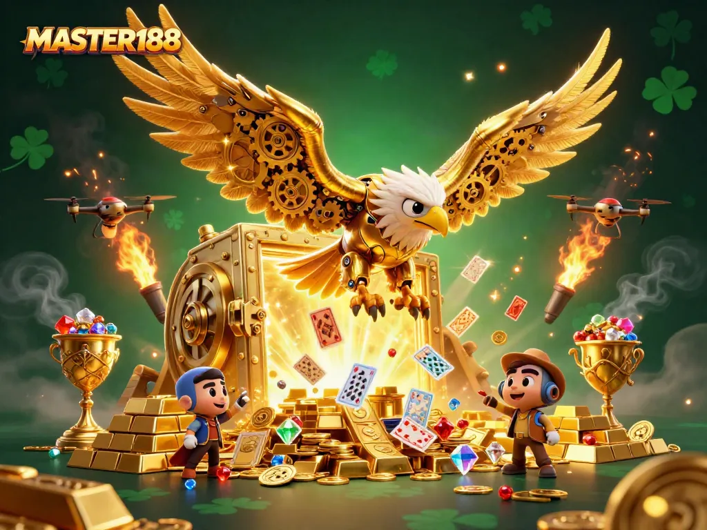 Experience thrilling wins with MASTER188 in this vibrant casino-themed illustration.