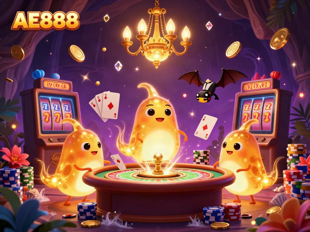 Experience thrilling gameplay with AE888's vibrant glowworm casino illustration showcasing diverse gaming elements.