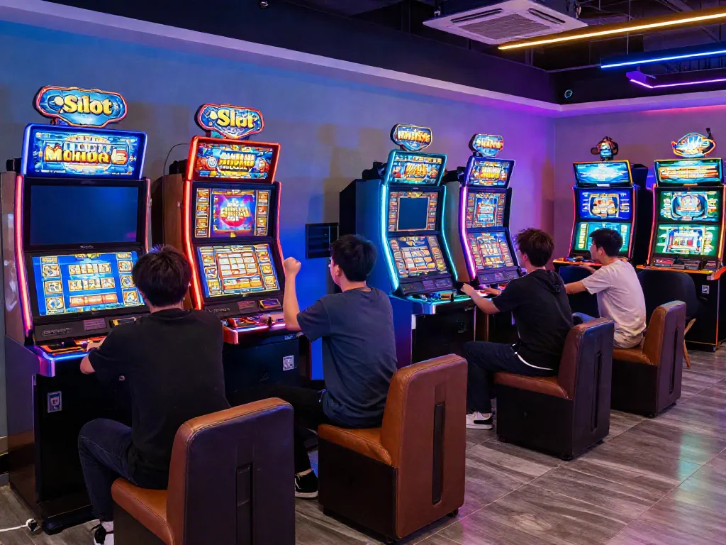 Exciting gaming scene with players at Slot MAHJONGJP88, vibrant neon lights, and lively atmosphere.