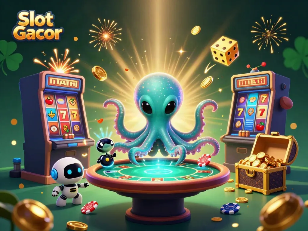 Engage with Slot Gacor as an alien octopus runs a vibrant casino scene with dynamic game elements.