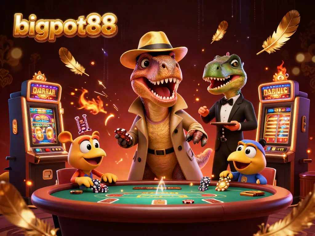 Engage with bigpot88 at a vibrant casino scene featuring unique characters and dynamic game elements.