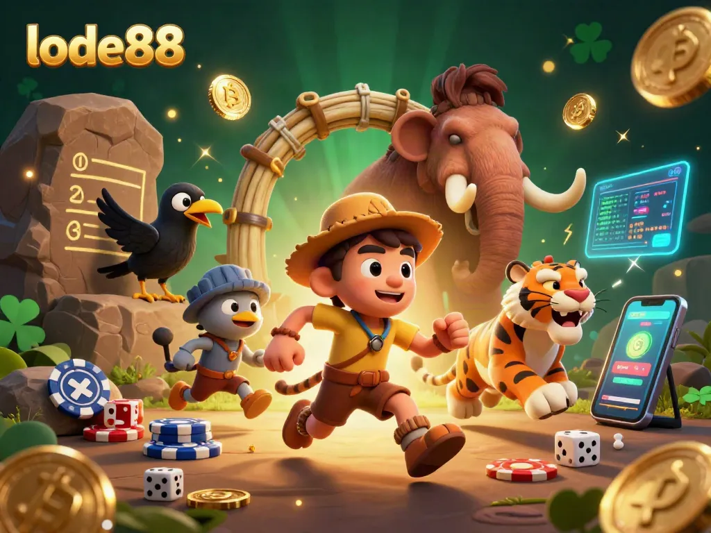 Engage in exciting gameplay with lode88, shown by a caveman and sabertooth tiger in a vibrant casino.
