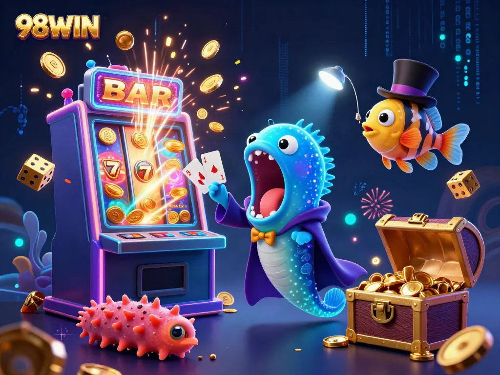Experience thrilling gaming excitement with the 98WIN slot machine erupting in coins and vibrant sea creatures.