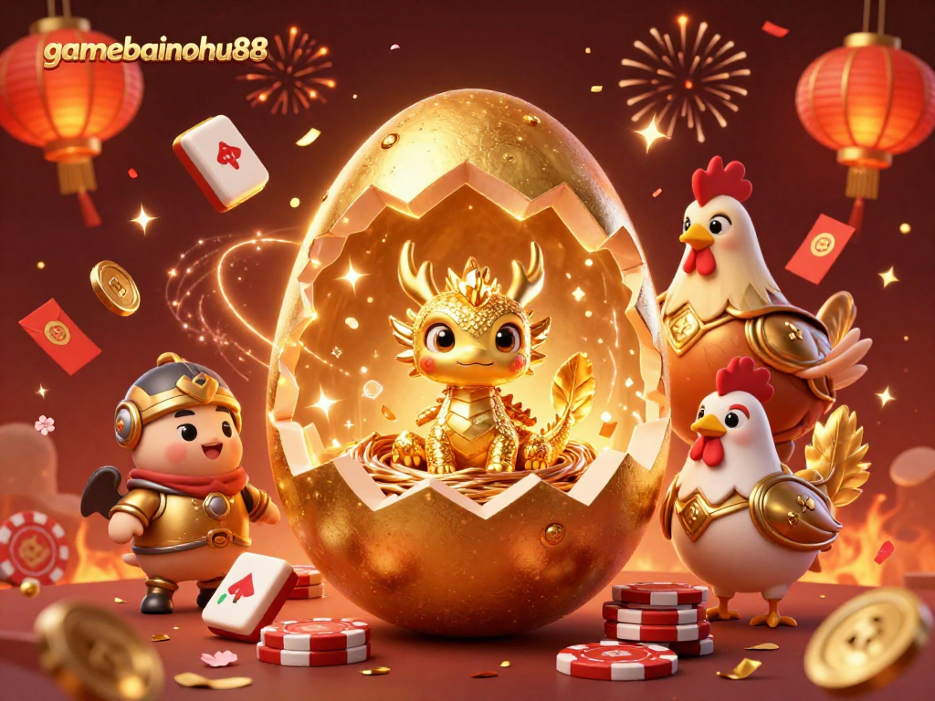 Experience thrilling gameplay at gamebainohu88 with golden dragon emerging from poker chips, surrounded by festive elements.
