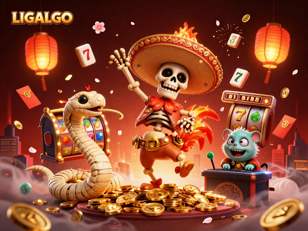 LIGALGO showcases a thrilling scene of a skeleton mariachi dancing on gold coins, featuring vibrant slot game elements.