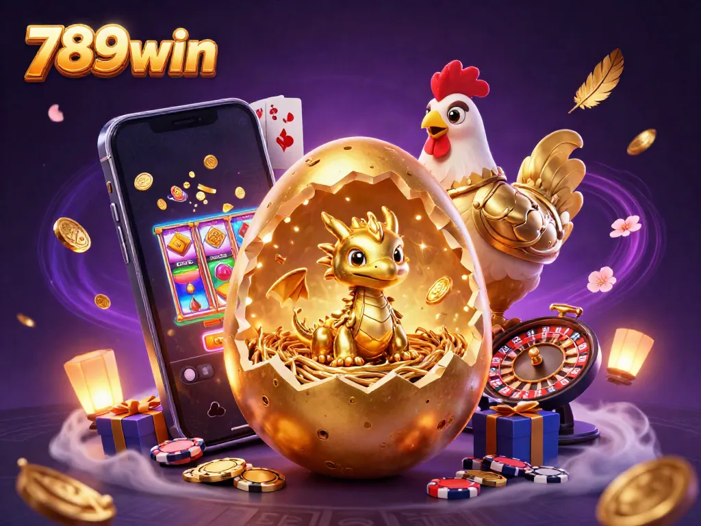 Experience the thrill of winnings at 789win with a captivating golden dragon amidst vibrant gaming elements.