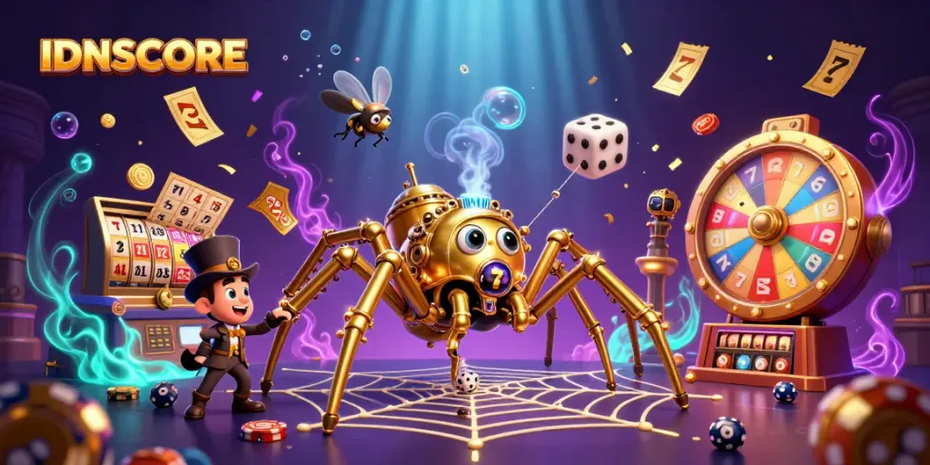 Experience IDNSCORE with an immersive 3D illustration of steampunk elements and vibrant casino themes
