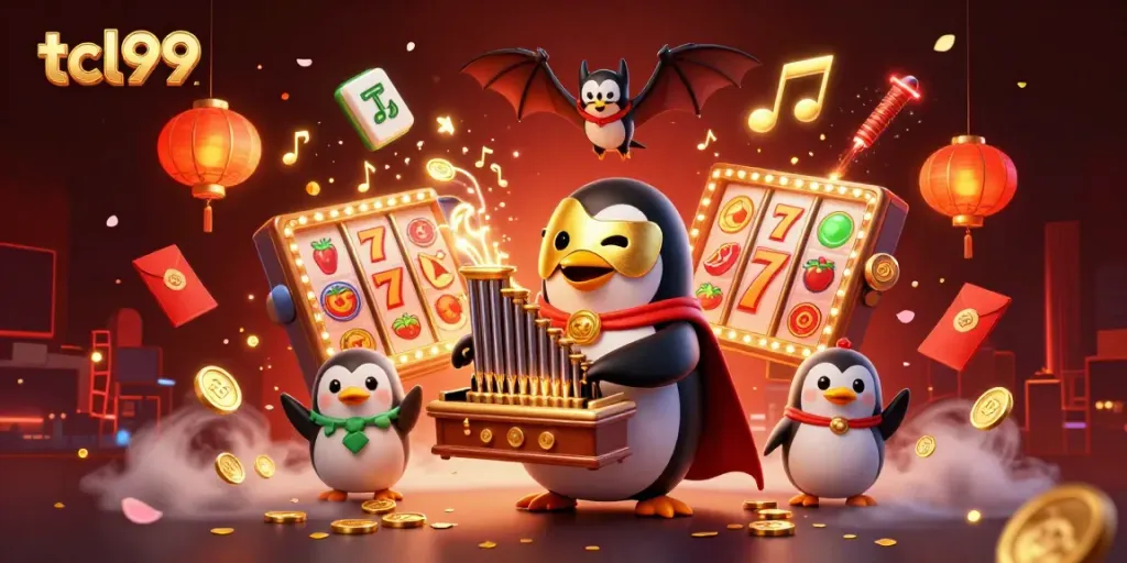 TCL99 offers high-energy casino action with dynamic slots, gold coins, and a whimsical penguin organist.