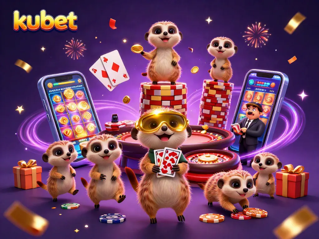 Experience exciting gambling action at kubet with a vibrant casino scene filled with meerkats and dynamic game elements.