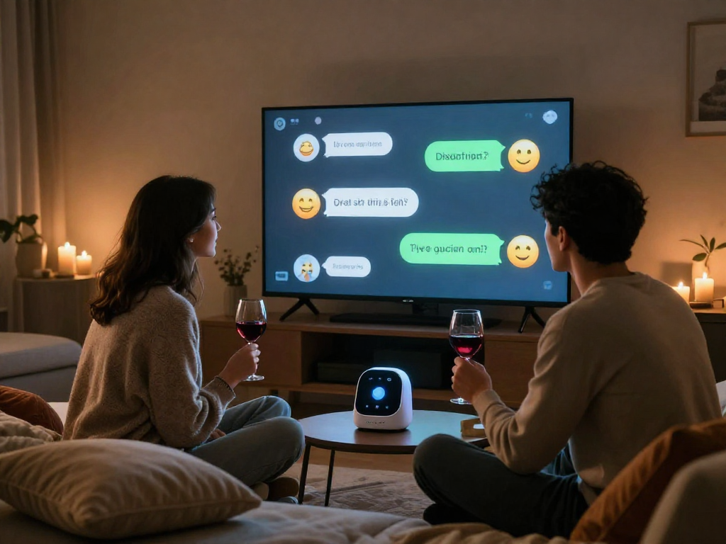 Engaging ai porn chat on smart screen in cozy living room.