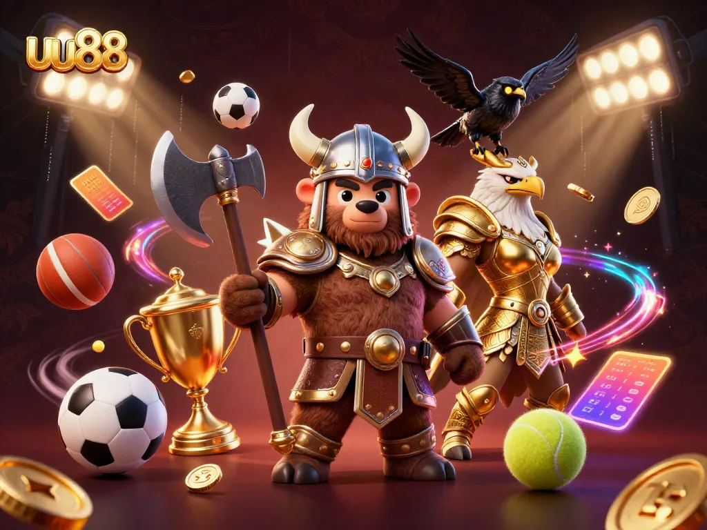 uu88's vibrant online casino adventure with a Viking bear, Valkyrie eagle, and sports elements