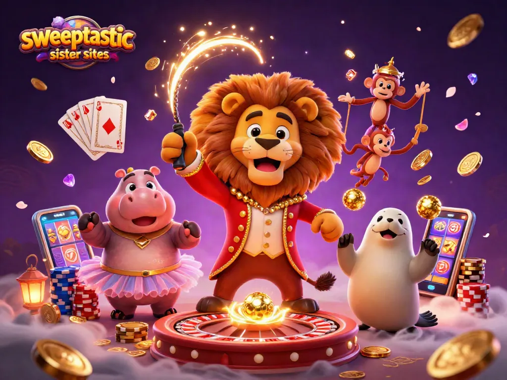 Sweeptastic sister sites illustrated with 3D circus characters and casino elements, celebrating big wins.