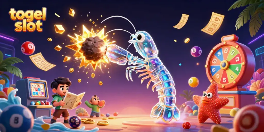 Gambar bertema togel slot menunjukkan samurai udang mantis galaksi dalam aksi menggulingkan asteroid dan melahirkan koin emas.