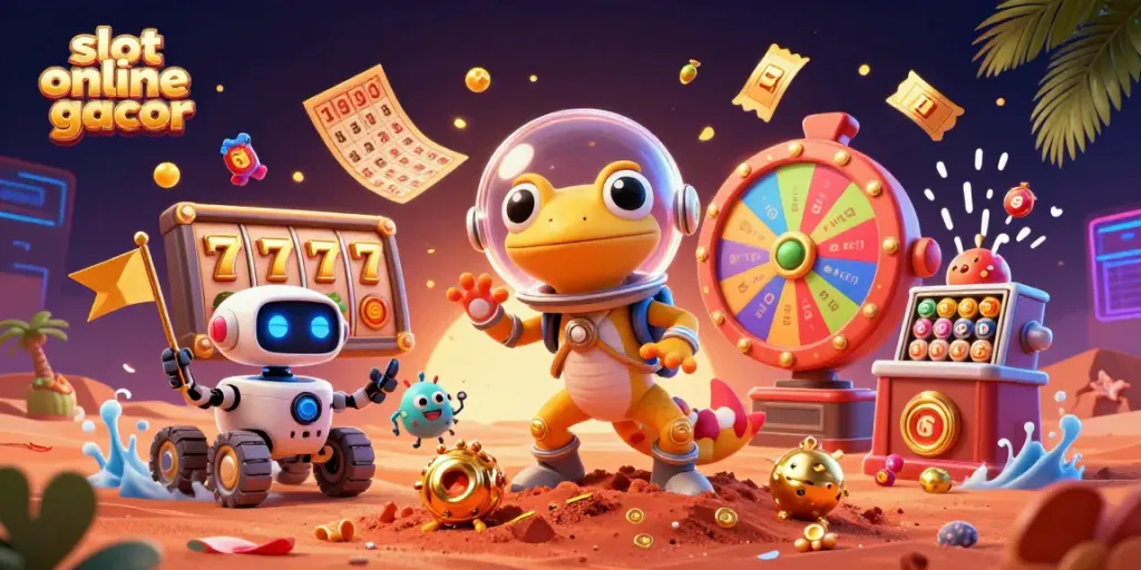 Play and win big with slot online gacor, featuring 3D characters exploring a golden casino.