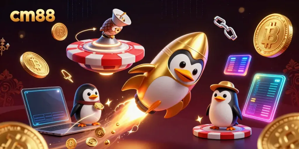 Experience excitement with cm88 at the casino, as a golden penguin flies through space surrounded by bitcoin coins and poker elements.