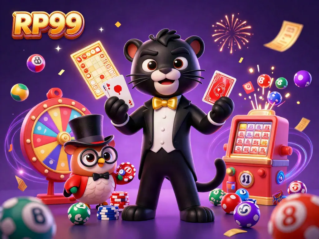 Engaging illustration of RP99 with a stylish panther dealing cards, accompanied by an owl and a lucky mouse, surrounded by dynamic gambling elements.