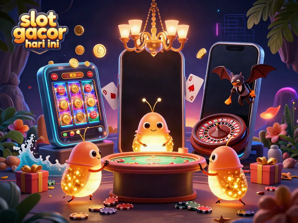 Engaging scene of slot gacor hari ini with glowworms illuminating games and a bat dealer animatedly interacting.