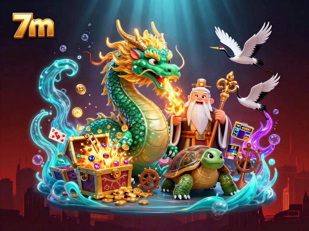 Engage with 7m's immersive gaming world featuring a jade dragon and dynamic slot reels.