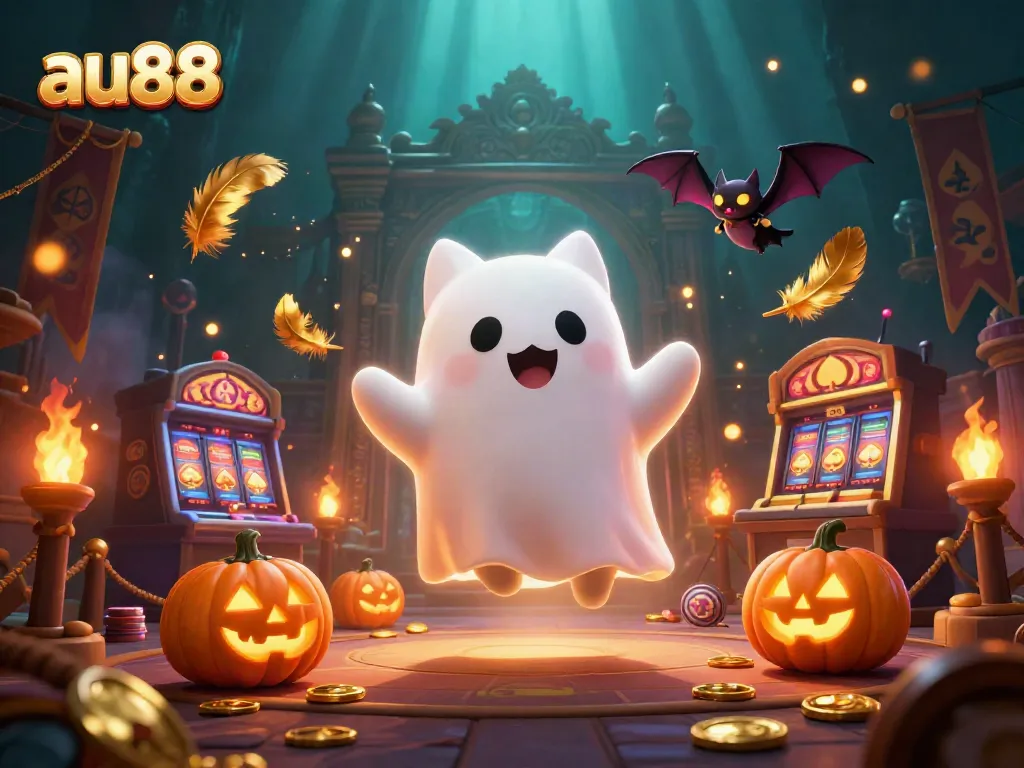 Engaging scene depicting a ghost cat and a bat in a vibrant au88 casino setting, surrounded by winning elements.