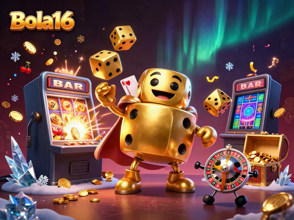 Bola16 showcases a dynamic gambling scene with golden dice and a vibrant slot machine explosion