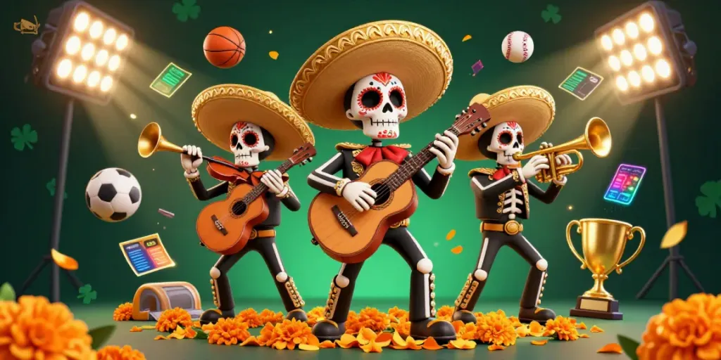 Experience exciting betting with lu88 as vibrant Dia de los Muertos skeletons entertain in a sports-themed fiesta.