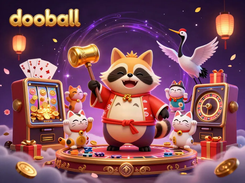 Experience dooball's vibrant casino scene with a cheerful tanuki and colorful slot machines.