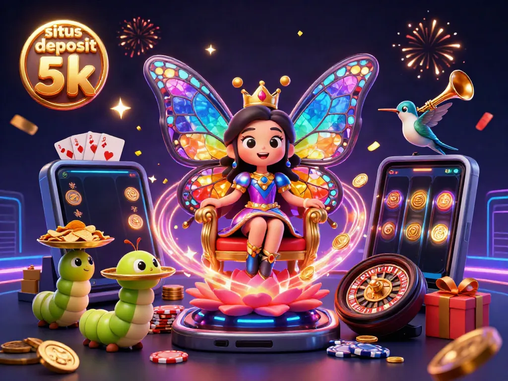 Experience the excitement of Situs Deposit 5K with a vibrant illustration of a butterfly queen and a smartphone displaying a slot game.