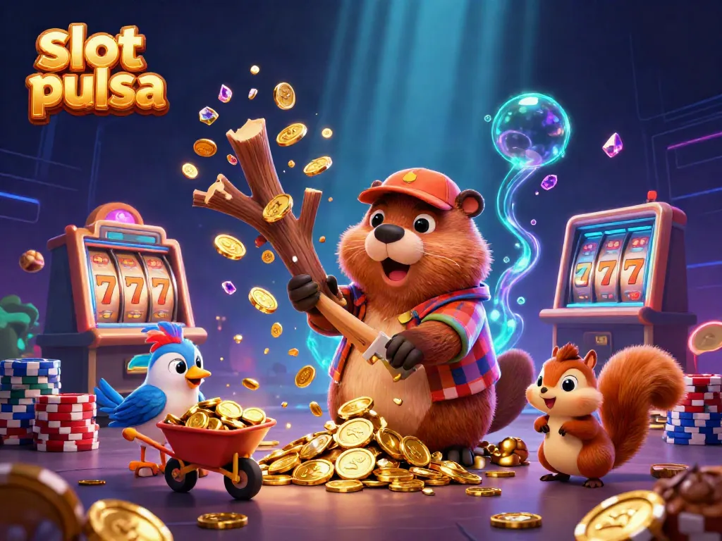 Engage with slot pulsa games as a beaver and friends collect coins in this vibrant, dynamic scene.