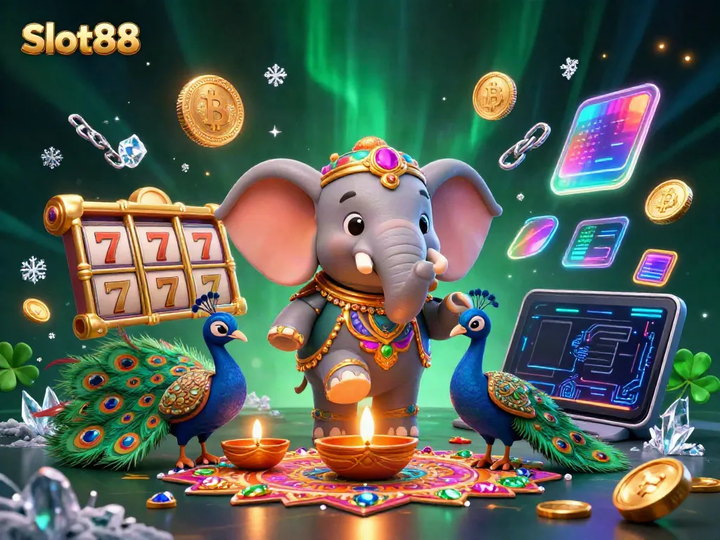 Play exciting Slot88 gaming with vibrant 3D visuals of elephants and crypto elements.
