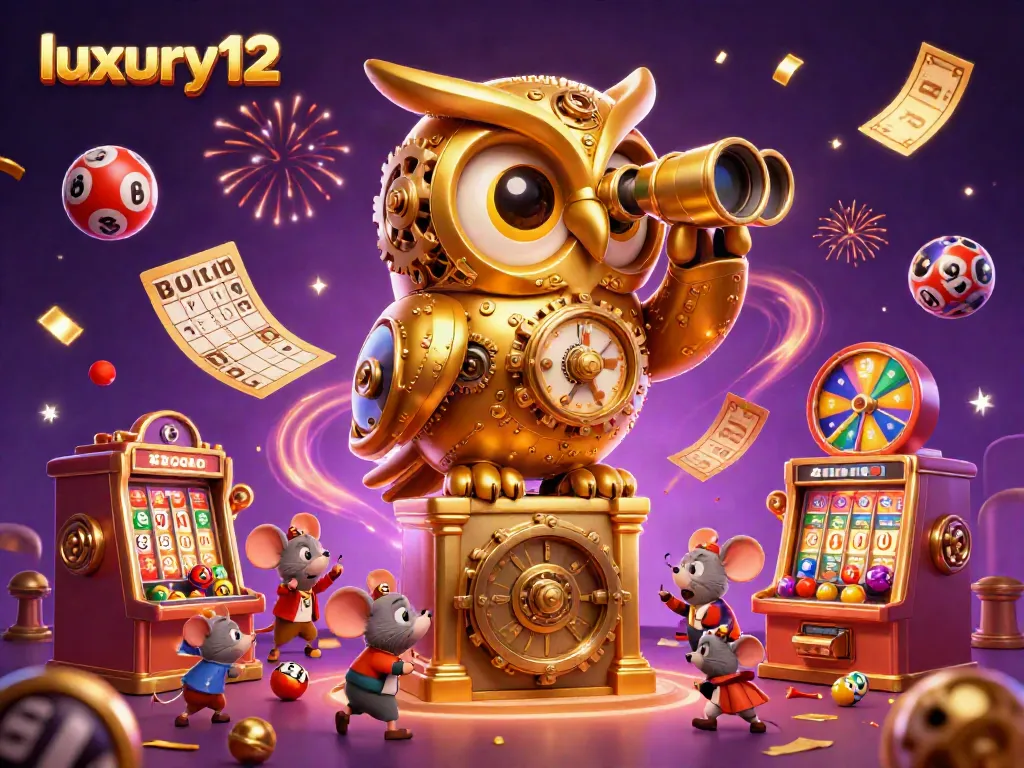 Engage in the luxury12 casino experience with our vibrant 3D illustration featuring an owl, slot machines, and dynamic game elements.