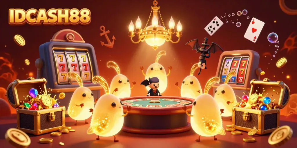 Experience thrilling gaming with IDCASH88's vibrant online casino scene alive with glowing glowworms and colorful treasures.