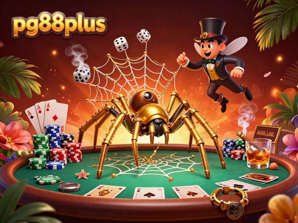 Experience thrilling gameplay at pg88plus featuring a steampunk spider catching dice in a vibrant casino scene.