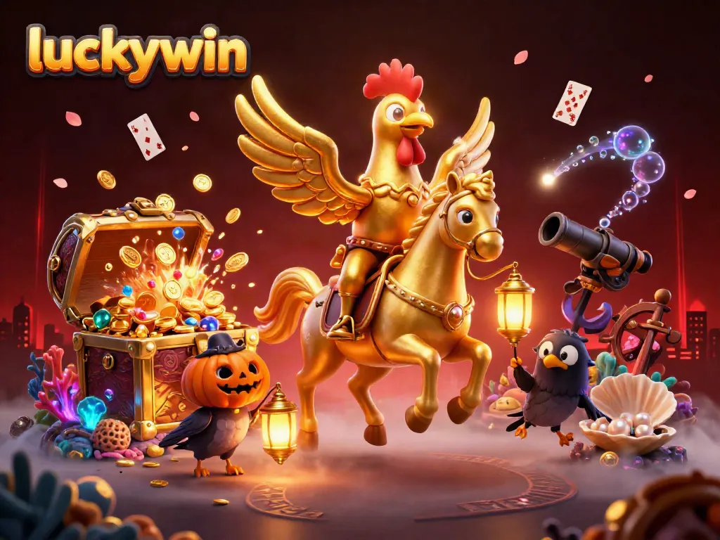 Experience thrilling gambling at luckywin with a golden rooster and mystical characters in a vibrant casino scene.