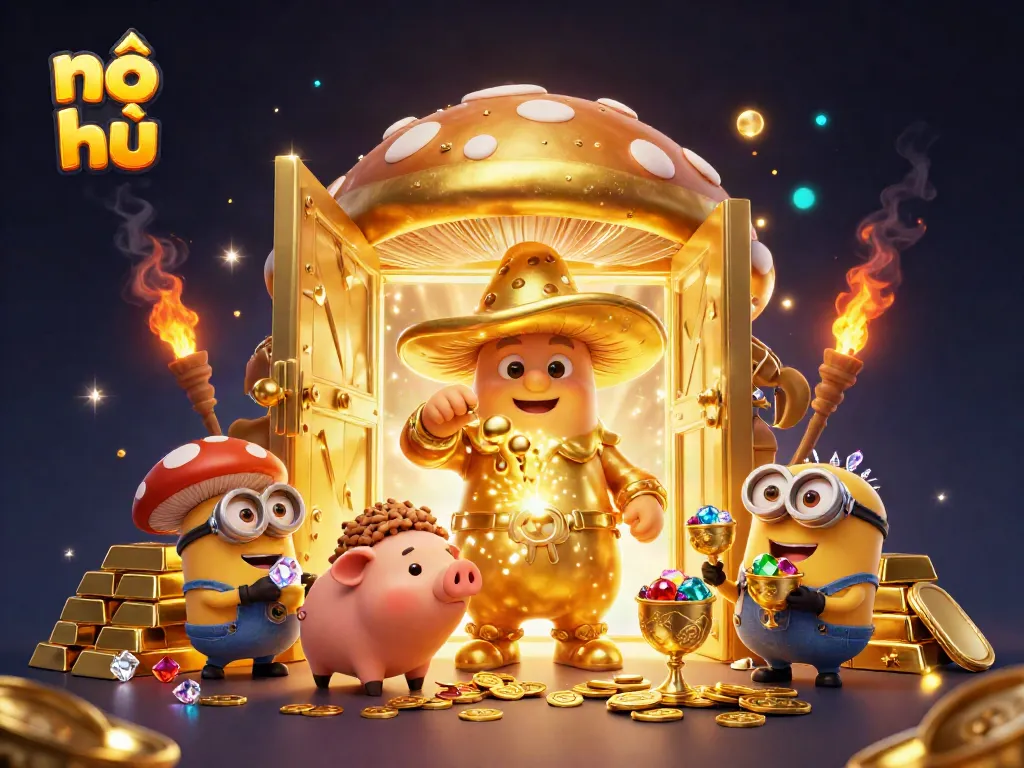 Experience nổ hũ magic with golden treasures and whimsical characters in a 3D casino scene.