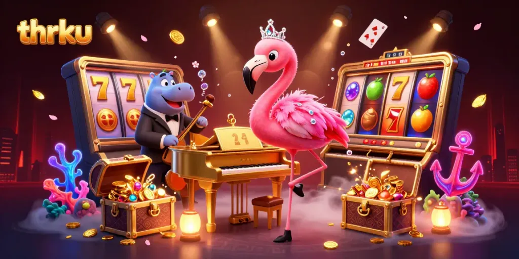 Engage with thrilling slots gameplay featuring thrku's vibrant characters and casino elements.