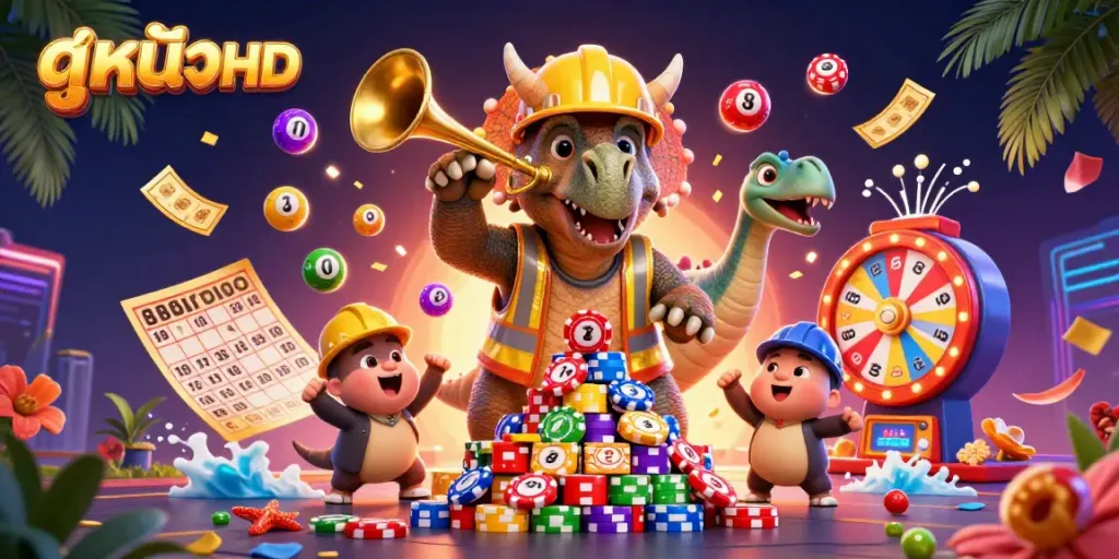 Experience thrilling ดูหนังHD action featuring a cartoon triceratops celebrating big wins amidst vibrant casino elements.