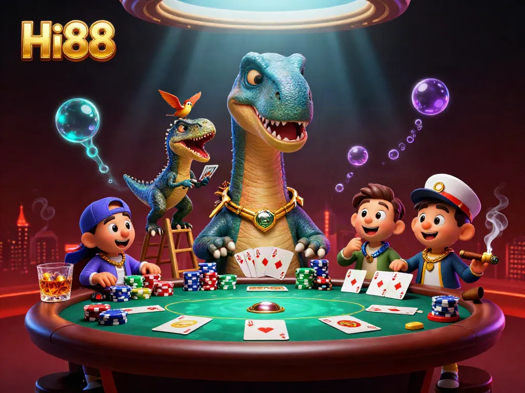 Experience thrilling poker action at Hi88 with a vibrant 3D casino scene featuring unique characters.