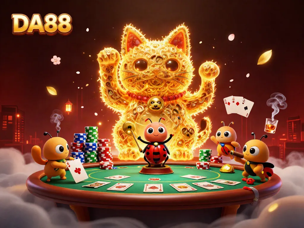 Engage with DA88 through an enchanting illustration of a golden lucky cat and casino elements.