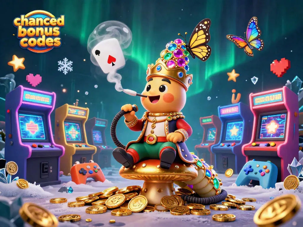 Win big with chanced casino bonus codes in an imaginative, colorful gaming scene featuring a lavish caterpillar hookah-master.