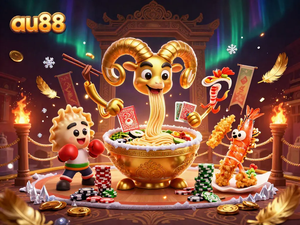 Engaging illustration of au88 featuring a vibrant golden ramen bowl character dealing cards and surrounded by casino elements.