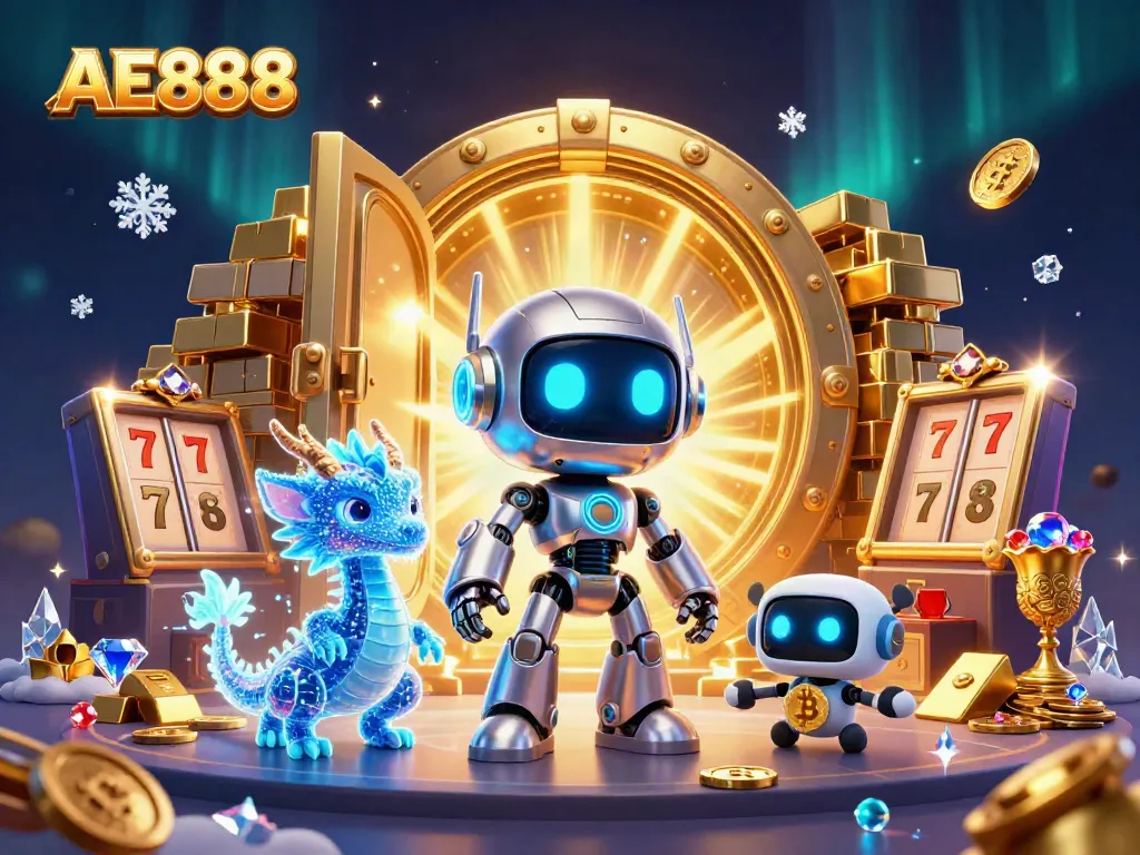 Join the excitement at AE888 with neon elements and casino treasures surrounding a futuristic robot.
