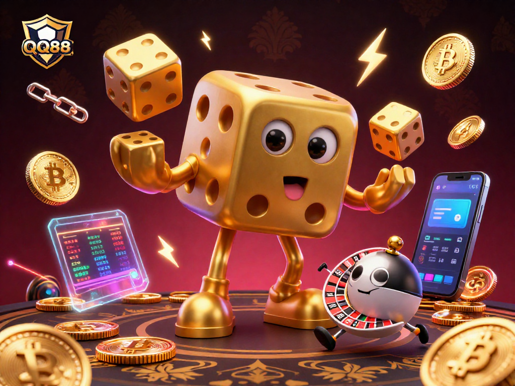Engage with QQ88's vibrant gaming world featuring dynamic characters and cryptocurrency elements.