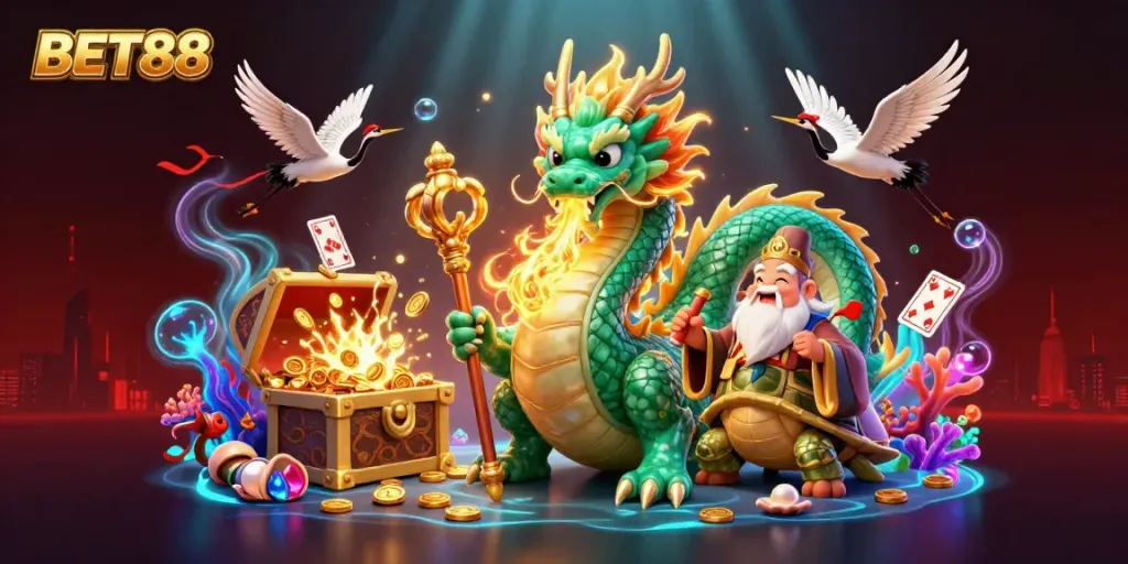 BET88 trải nghiệm cá cược đầy màu sắc với rồng ngọc lục bảo và nhiều kho báu.