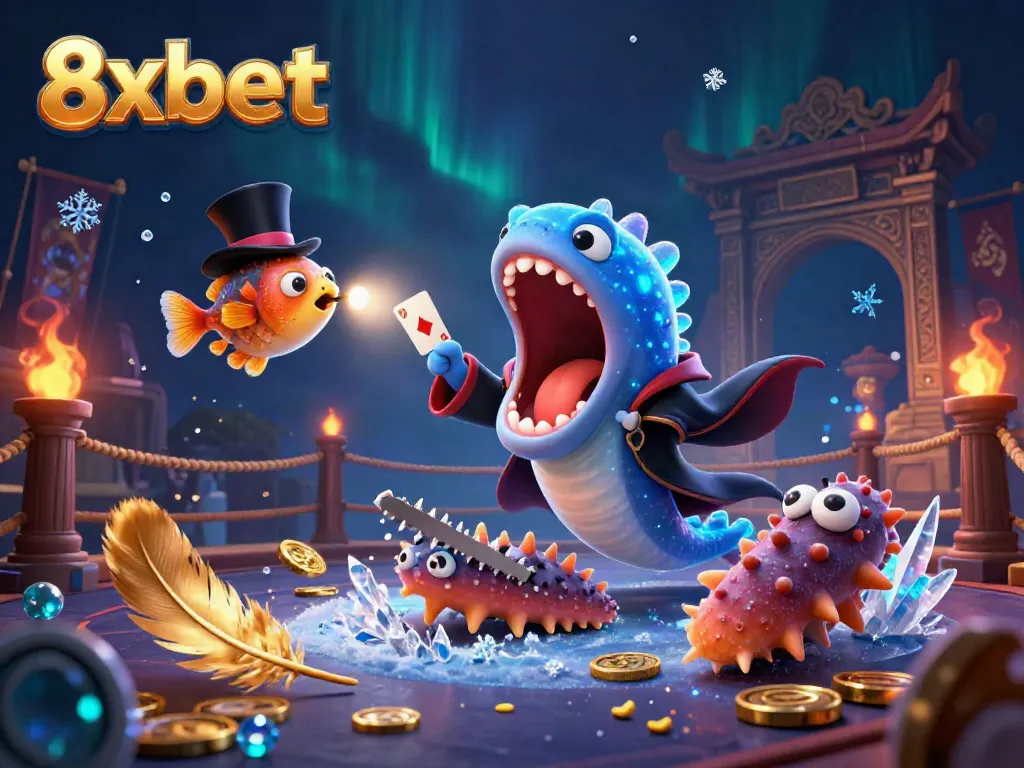 Experience the magic of 8xbet with a vibrant underwater casino scene where characters perform enchanting tricks.